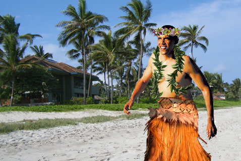 Obama wearing lei and grass skirt