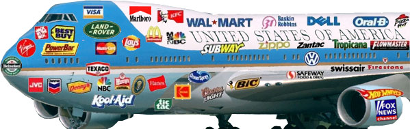 Air Force One with corporate advertising decals