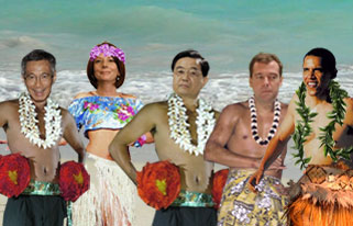 President Obama in a grass skirt at APEC summit in Hawaii