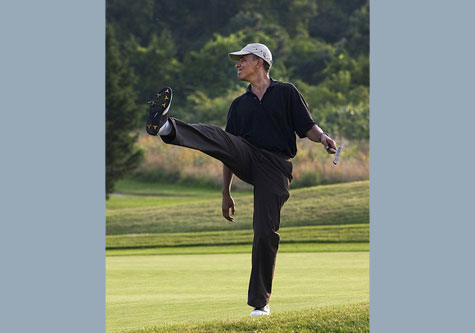 Obama does a high kick while putting 