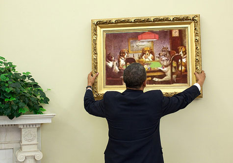 Obama hangs up his favorite painting in the Oval Office 