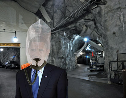 President Obama wearing the emergency escape mask at Raven Rock Mountain Complex
