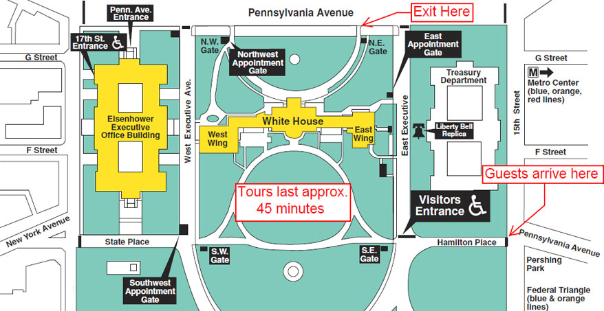map of White House grounds - tour entrance and exit points, Northwest appointment gate, East appointment gate, Southwest appointment gate,
		East Executive Avenue, West Executive Aveneu