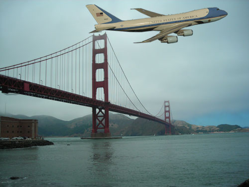 Air Force One flying over the Golden Gate Bridge in San Francisco