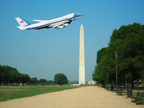 Air Force One flying near the Washington Monument