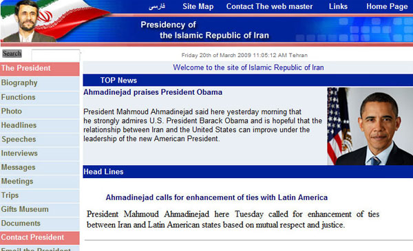 Iranian President Ahmadinejad praises Obama on Iranian website
